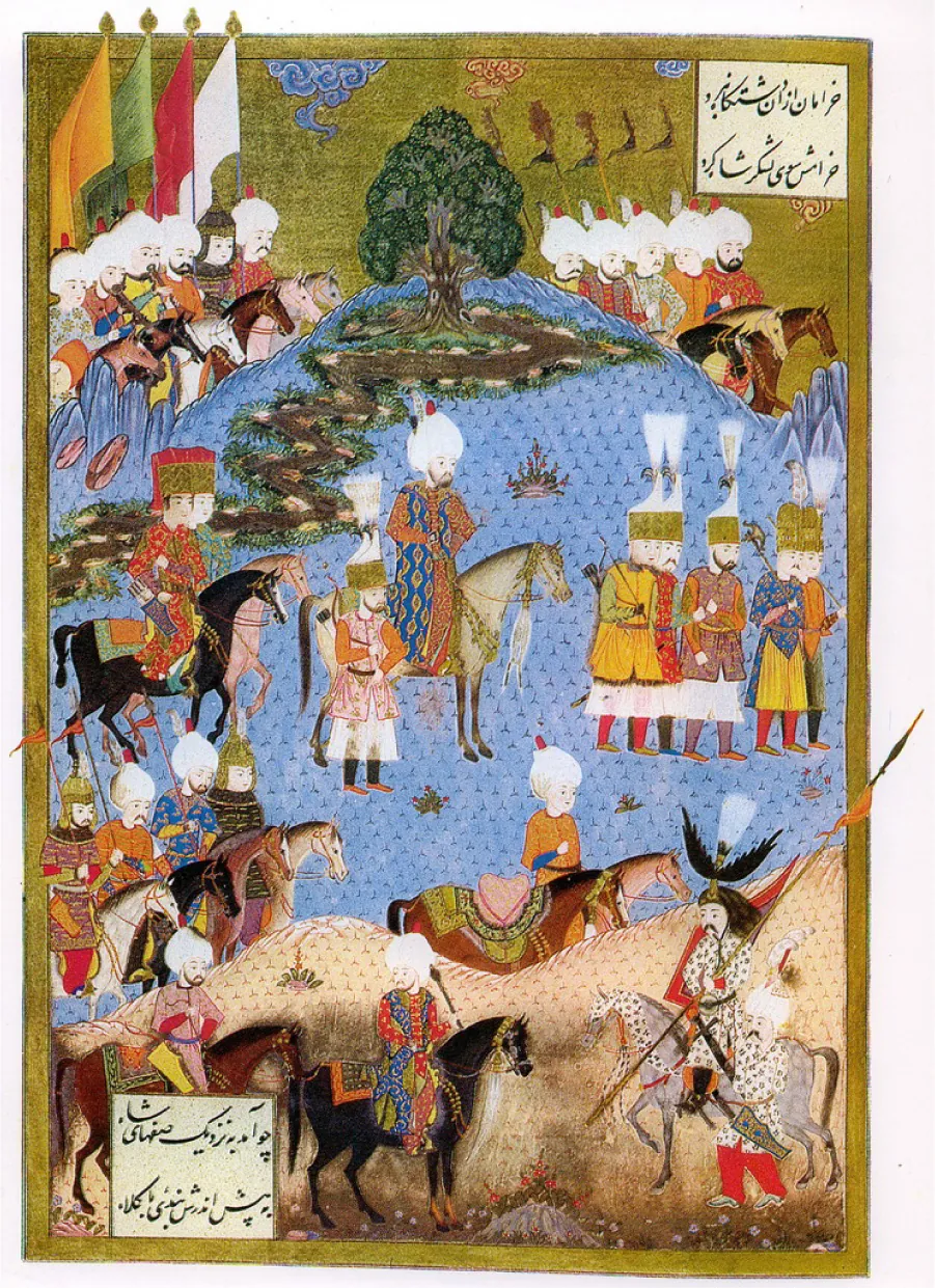 A very colorful image shows a blue mountain with a tree at the top. From the tree, going down the mountain in a zig zag, runs a brown path with stones and grasses lining the edges. Behind the mountain on the left six men ride horses of various colors. The men wear very colorful coats, with five wearing brown hats and one with a brown helmet. They carry four solid flags of orange, green, red, and white. To the right behind the mountain five men in colorful coats and white hats ride on different colored horses and carry five small, triangular, brown flags. In the middle of the painting, three men in colorful long coats and ornate hats are shown riding horses across the blue mountain while six men in long ornate coats, white pants, and very tall green and white hats with birds on them are walking in front of them. The bottom of the painting, at the lower portion of the blue mountain, shows a brown hilly section. Behind this hill, four men in ornately colorful coats and turbans and helmets ride horses while one man in a plain orange coat and white hat rides a horse with another riderless horse next to him. In front of the brown hill along the bottom left of the painting, two men in very colorful long coats and white hats ride horses while looking at each other. In the right corner, two men with black spotted white long coats and red pants with hats with birds on them are pictured. One rides a horse while the other man walks next to him. Most men in the painting carry weapons, but a few are unarmed. Text appears in the bottom left and top right part of the painting.