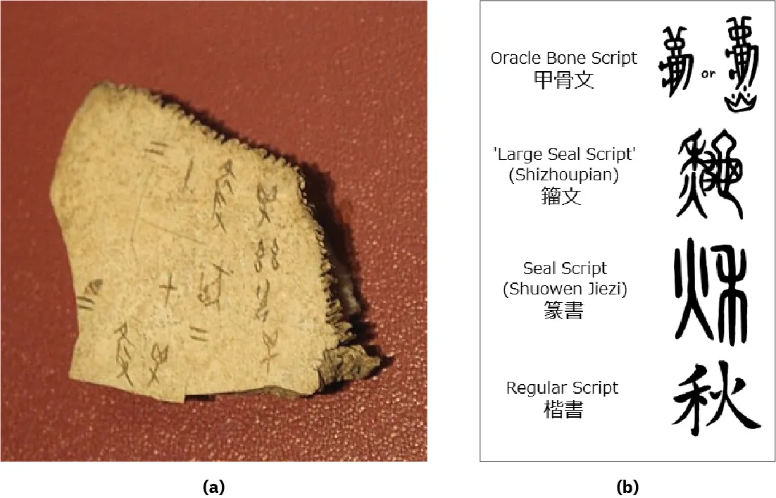 Two images are shown. (a) A picture of a beige stone is shown on a rust-colored pebbled background. The stone is irregularly shaped with the top slanted to the right. Notches show on the top and right sides. Ancient Chinese characters are etched on the front of the stone. (b) An image shows variations of Chinese characters on the right and words and characters on the left: Oracle Bone Script, ‘Large Seal Script’ (Shizhoupian), Seal Script (Shuowen Jiezi), and Regular Script.