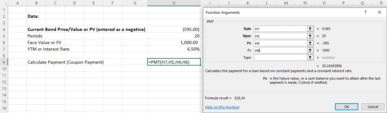 A screenshot of the Function arguments window, where parameters to calculate the PMT value function are entered according to the data in the Excel sheet.