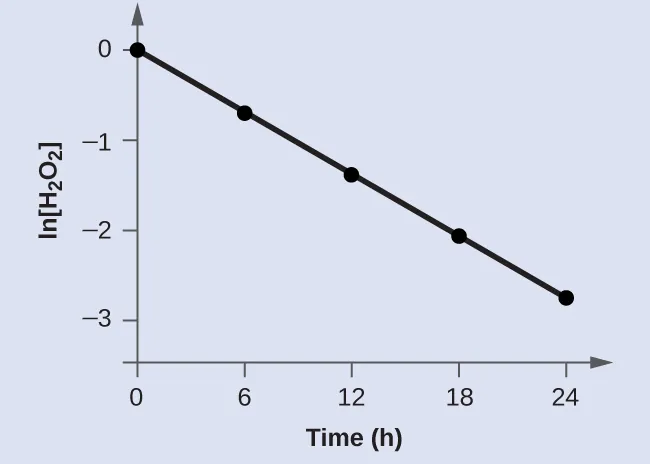 A graph is shown with the label “Time ( h )” on the x-axis and “l n [ H subscript 2 O subscript 2 ]” on the y-axis. The x-axis shows markings at 6, 12, 18, and 24 hours. The vertical axis shows markings at negative 3, negative 2, negative 1, and 0. A decreasing linear trend line is drawn through five points represented at the coordinates (0, 0), (6, negative 0.693), (12, negative 1.386), (18, negative 2.079), and (24, negative 2.772).