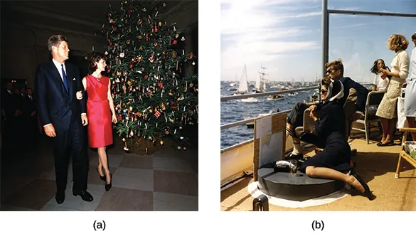 Photograph (a) shows a youthful John F. Kennedy and Jacqueline Kennedy standing beside a large Christmas tree. Photograph (b) shows John F. Kennedy, Jacqueline Kennedy, and several others sitting on a dock, watching the America’s Cup race.