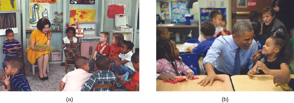 Image A shows Lady Bird Johnson reading to a group of young children. Image B shows Barack Obama sitting at a desk with a couple of elementary school students.