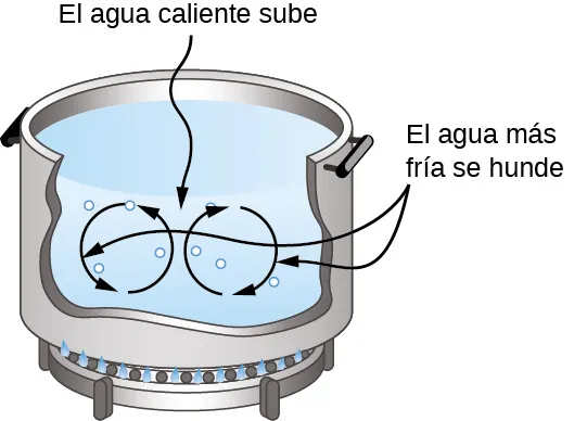 La figura muestra una olla de agua que se calienta. El agua caliente sube y el agua fría se hunde, lo que provoca un movimiento circular del agua dentro de la olla.