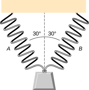 La figura muestra dos resortes idénticos colgados uno al lado del otro. Sus extremos inferiores se juntan y soportan un peso. Cada resorte forma un ángulo de 30 grados con la vertical.