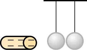 A rod is represented by a long oval with a circle on the end. The brown rod has 6 minus signs. Two hanging spheres are shown to the right of the rod.