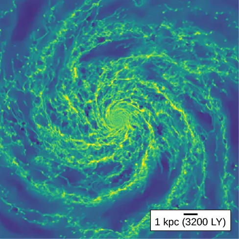 Computer Rendering of the Large-Scale Distribution of Interstellar Matter in the Milky Way. In this image, the Milky Way is seen from above and resembles the spiral shape of a strong hurricane. However, instead of water vapor, the arms of our galaxy consist of neutral hydrogen and molecular clouds, interspersed with gaps and open areas due to supernova explosions.