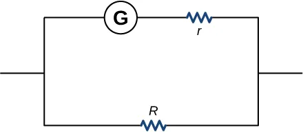 La figura muestra un circuito con dos ramas paralelas, una con el galvanómetro conectado a los resistores r y otra con el resistor R.