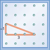 The figure shows a grid of evenly spaced dots. There are 5 rows and 5 columns. There is a rubber band style triangle connecting three of the three points at column 1 row 3, column 1 row 4,and column 4 row 4.