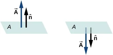 La figura muestra dos planos horizontales marcados como A. El primero tiene dos flechas que apuntan hacia arriba desde el plano. El más largo está marcado como vector A y el más corto como vector n. El segundo plano tiene las mismas dos flechas apuntando hacia abajo desde el plano.