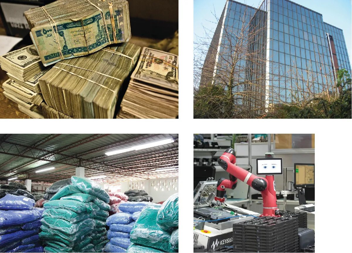 Four photographs. Top left is stacks of paper money bound in rubber bands. Top right is a tall, glass front office building. Bottom right is a robot installing parts on an assembly line. Bottom left is warehouse with several stacks of blue and green granular material in plastic sacks.