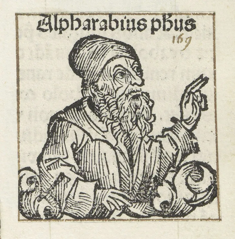 A woodcut of Al-Farabi. His head and shoulders are visible. He is wearing a turban-like headpiece and has a long beard.