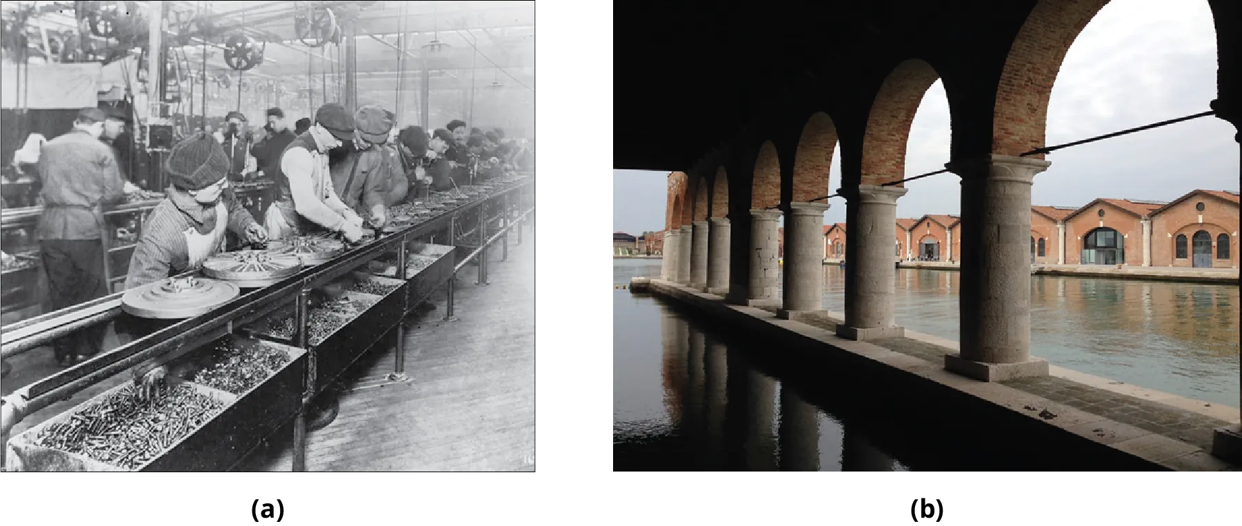 (a) Photo of workers on an assembly line. (b) Photo of the Venetian Arsenal.
