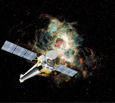Artist’s conception of the Chandra X-Ray Satellite, seen against the backdrop of a colorful gaseous nebula in space.