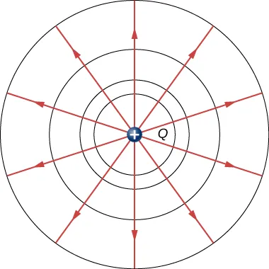La figura muestra una carga Q y vectores de campo eléctrico radialmente hacia afuera de Q.