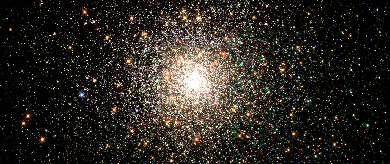 Image of the Globular Cluster M 80. Globular clusters are large, spherical clusters of stars that are so compact that the central regions typically appear to us as a single object. In this photograph, thousands of yellow and red stars surround the dense center of M 80.