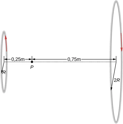 Rysunek przedstawia dwie pętle o promieniach R i 2R z tym samym prądem ale płynącym w przeciwstawnych kierunkach. Punkt P jest umieszczony pomiędzy środkami obu pętli, w odległości 0,25 metra ze środka mniejszej pętli i 0,75 metra ze środka większej pętli.