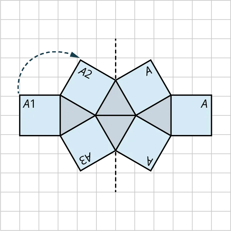 A tessellation pattern is made up of six squares and four equilateral triangles. The sides of each square measure 2 units. The sides of each equilateral triangle measure 2 units. The square A 1 is rotated 30 degrees to the right to form a new square A 2. The new square is reflected horizontally to form a new square A 3. These 3 squares are reflected vertically along a dashed line. The spaces in between the squares resemble triangles.