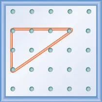 The figure shows a grid of evenly spaced pegs. There are 5 columns and 5 rows of pegs. A rubber band is stretched between the peg in column 1, row 2, the peg in column 1, row 4, and the peg in column 4, row 2, forming a right triangle. The 1, 2 peg is the vertex of the 90 degree angle, while the line between the 1, 4 and 4, 2 pegs forms the hypotenuse of the triangle.