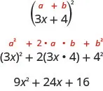 In open parentheses 3x plus 4 close parentheses squared, 3x is a and 4 is b. Writing it as a squared plus 2ab plus b squared, we get open parentheses 3x close parentheses squared plus 2 times 3x times 4 plus 4 squared. This is equal to 9 x squared plus 24x plus 16.