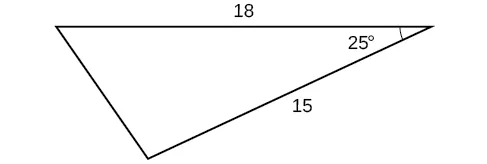 Un triángulo. Un ángulo es de 25 grados. Los dos lados adyacentes a ese ángulo son de 18 y 15.