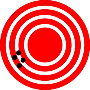 A red target is shown with four dots that represent attempts by a GPS system to locate a restaurant at the center of the bull’s-eye. The dots are concentrated close to one another, indicating high precision, but they are rather far away from the actual location of the restaurant, indicating low accuracy.