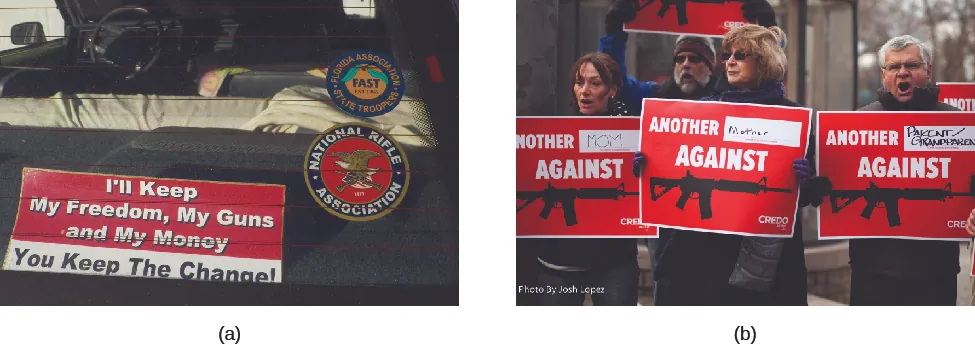 Image A is of the back window of a truck. A sign visible through the back window reads “I’ll keep my freedom, my guns, and my money, you keep the change!” Image B is of four people holding signs that read “Another (blank) against (image of assault rifle)”.