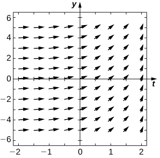 Un campo de direcciones sobre los cuatro cuadrantes. A medida que t va de 0 a infinito, las flechas se vuelven cada vez más verticales después de ser horizontales más cerca de x = 0.