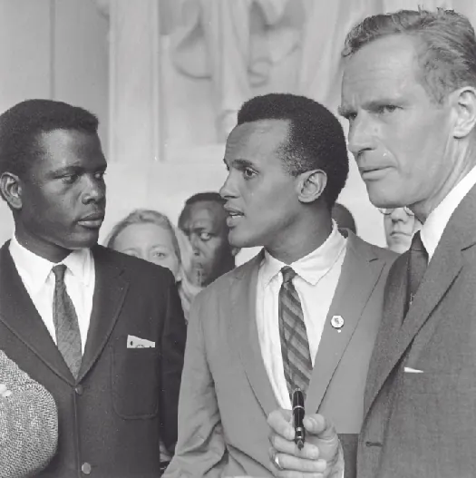 A photo of three civil rights activists, from left to right, Sidney Poitier, Harry Belafonte, and Charlton Heston.