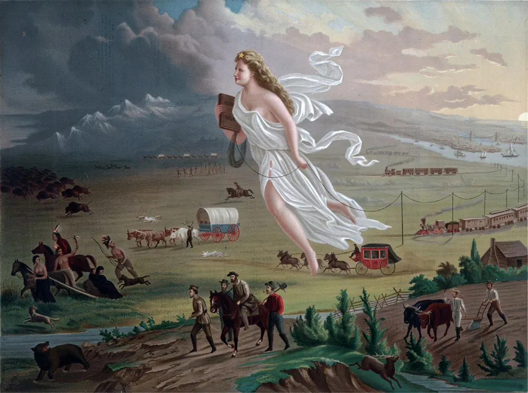 A painting shows a White woman in flowing white robes flying westward, high over the American frontier. Where she has been, the scenery is bright; where she has yet to go, it remains dim. She hangs telegraph wire with one hand and holds a book in the other. Beneath her, farmers and other pioneers travel on foot and by covered wagon; trains and ships are visible in the distance. To the extreme west of the image, Native Americans and buffalo flee, driven further and further by the onslaught.