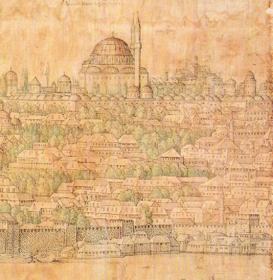 A faded beige painting is shown on a water stained background. At the bottom an open space is shown with a row of short houses lining most of the edge and two small boats at one end. Behind the houses stands a tall black bricked wall with notches across the top and four towers dividing the wall. Beyond the wall are several rows of one to two-tiered houses with rows of windows on each level and peaked roofs. Interspersed among the houses are green trees of various heights. Toward the top of the image a brick wall with openings at the top and domed roofs surrounds various sized tall buildings behind it with domes tops and openings on all levels. In the middle a large structure stands with a large gold colored dome at the top as well as smaller domes along a lower level. Two tall spires stand at one end of the building. Faded script writing is seen along the top.