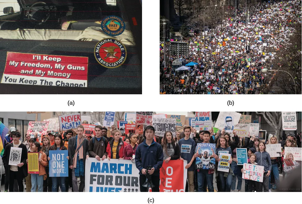 Image A is of the back window of a vehicle. A sign visible through the back window reads “I’ll keep my freedom, my guns, and my money, you keep the change!” Image B is an aerial view of a street filled with a large and dense crowd of people carrying signs. Image C is if a group of young people marching with signs related to “March for Our Lives.”