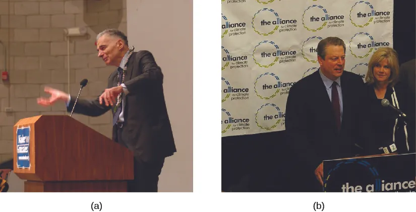 Image A is of Ralph Nader standing behind a podium. Image B is of Al Gore standing behind a podium. 