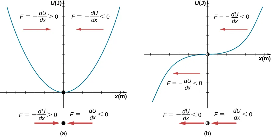 Dos gráficos de U en julios en el eje vertical como una función de x en metros en el eje horizontal. En la figura a, U de x es una parábola de apertura ascendente cuyo vértice está marcado con un punto negro y está en x = 0, U = 0. La región del gráfico a la izquierda de x = 0 está identificada con una flecha roja que señala a la derecha y la ecuación F es igual a menos la derivada de U con respecto a x es mayor que cero. La región del gráfico a la derecha de x = 0 está identificada con una flecha roja que señala a la izquierda y la ecuación F es igual a menos la derivada de U con respecto a x es menor que cero. Debajo del gráfico hay una copia del punto entre las copias de las flechas rojas y las relaciones de fuerza, F es igual a menos la derivada de U con respecto a x es mayor que cero a la izquierda y F es igual a menos la derivada de U con respecto a x es menor que cero a la derecha. En la figura b, U de x es una función creciente con un punto de inflexión que está marcado con un medio círculo relleno en x = 0, U = 0. La región del gráfico a la izquierda de x = 0 está identificada con una flecha roja que señala a la izquierda y la ecuación F es igual a menos la derivada de U con respecto a x es menor que cero. La región del gráfico a la derecha de x = 0 también está identificada con una flecha roja que señala a la izquierda y la ecuación F es igual a menos la derivada de U con respecto a x es menor que cero. Debajo del gráfico hay una copia del círculo entre las copias de las flechas rojas, ambas señalan a la izquierda, y las relaciones de fuerza, F es igual a menos la derivada de U con respecto a x es menor que cero a la izquierda y F es igual a menos la derivada de U con respecto a x es menor que cero a la derecha.