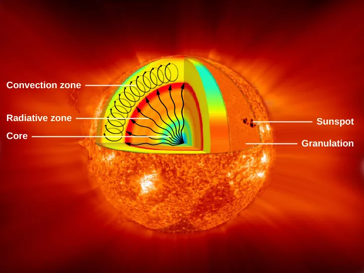 Interior of the Sun in Four Graphs. The horizontal scale for all four graphs is the fraction of the Sun’s radius, and goes from zero on the left to 1.0 on the right. At the top of all four graphs the three principal regions of the Sun’s interior are labeled and presented in different background colors. At left the “Nuclear fusion” zone is shown in aqua and runs from zero to 0.3. Next is the “Radiative zone” in orange and goes from 0.3 to 0.7. Finally, at right is the “Convection zone” running from 0.7 to 1.0. The upper left panel is a graph illustrating the change of temperature within the Sun. The vertical axis is labeled “Temperature (K)” and labeled from 0 to 15 x 106 in increments of 5 x 106. The plotted line begins at (0, 15 x 106) on the left and slopes down to (1.0, ~0) at right. The panel at lower left is a graph illustrating the change of density within the Sun. The vertical axis is labeled “Density (g/cm3)” and runs from zero to 150 in increments of 50. The plotted line begins at (0, 160) and drops off sharply to near zero at 0.6 of the Sun’s radius. The upper right panel plots the change in luminosity within the Sun. The vertical scale is labeled “Fraction of Luminosity” and goes from zero to 1 in increments of 0.25. The plotted line begins at (0, 0) and rises sharply to 1 at about 0.25 of the Sun’s radius. The line is then constant at 1 throughout the rest of the Solar interior. Finally, the lower right panel plots the change in hydrogen abundance within the Sun. The vertical axis is labeled “Fraction of Hydrogen (by weight)” and goes from zero to 1.0 in increments of 0.25. The plotted line begins at (0, ~0.3) and rises quickly to about 0.75 percent at 0.2 of the Sun’s radius. The line is then constant at 0.75 throughout the rest of the Solar interior.