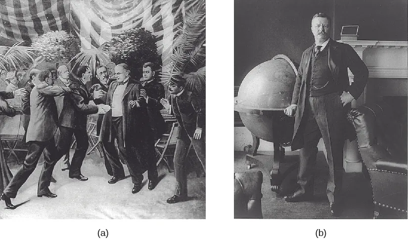 Image A is an illustration of William McKinley’s assassination. Image B is a photo of Theodore Roosevelt.