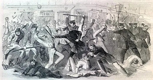 An illustration depicts the race riots in New York; White and Black men pummel one another with sticks and rocks in the streets, whereas police officers attempt to intervene.