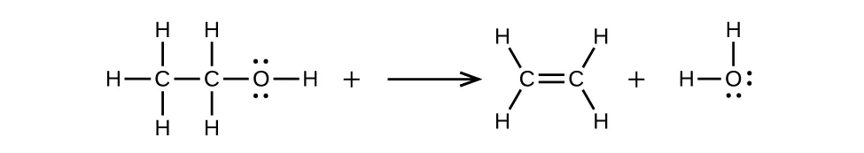 A reaction is shown. The first molecule shows a C atom which is bonded to three H atoms and a second C atom. The second C atom is bonded to an O atom as well. The O atom has two sets of electron dots and is bonded to an H atom. There is an arrow that points to the right. The next molecule shows two C atoms forming a double bond between them. Each C atom is bonded to two H atoms. There is a plus sign. The next molecule shows an O atom with two sets of electron dots bonded to two H atoms.