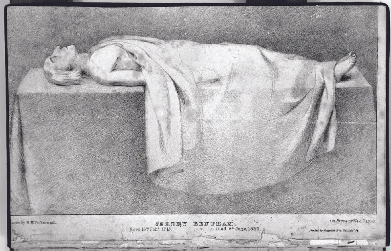 A drawing depicting Jeremy Bentham’s corpse laid out on a table and mostly covered by a sheet.