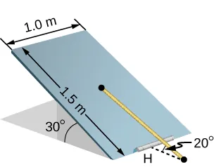 Figure is a schematic drawing of a trapdoor that is 1.0 m by 1.5 m. Door is supported by a single hinge labeled H, and by a light rope tied between the middle of the door and the floor. The door makes a 30 degree angle with the floor and the rope makes a 20 degree angle with the floor.