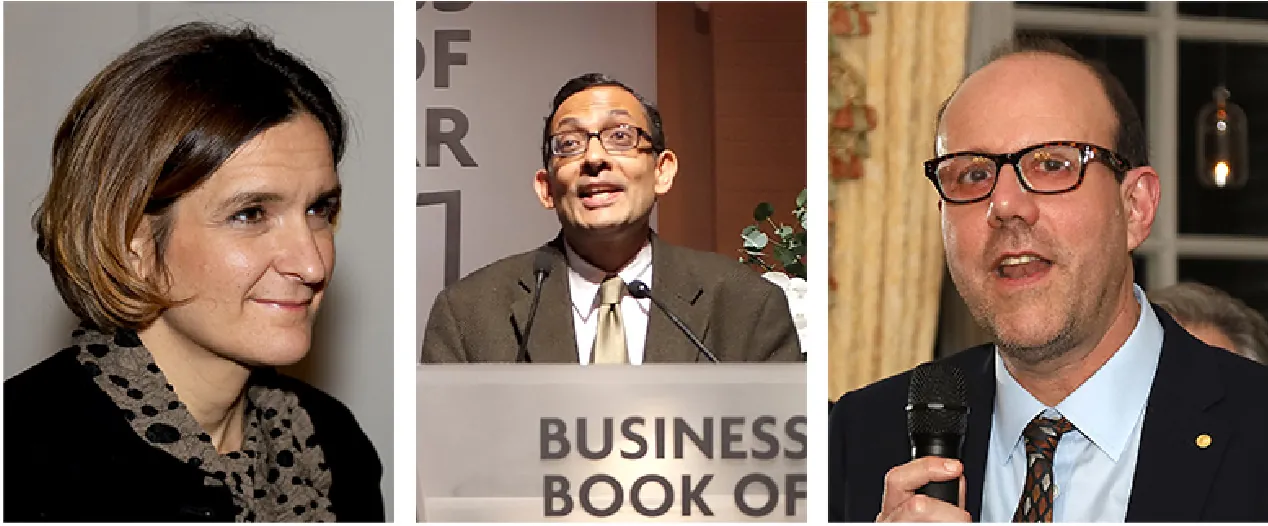 The image shows photographs of Esther Duflo, Abhijit Banerjee, and Michael Kremer.