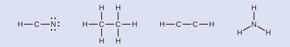 Se muestran cuatro estructuras de Lewis. La primera estructura muestra un átomo de carbono unido con enlace simple a un átomo de hidrógeno y a un átomo de nitrógeno, que tiene tres pares solitarios de electrones. La segunda estructura muestra dos átomos de carbono unidos con enlace simple. Cada uno de ellos tiene un enlace simple con tres átomos de hidrógeno. La tercera estructura muestra dos átomos de carbono unidos con enlaces simples entre sí y cada uno está unido a un átomo de hidrógeno. La cuarta estructura muestra un átomo de nitrógeno unidos con enlace simple a tres átomos de hidrógeno.