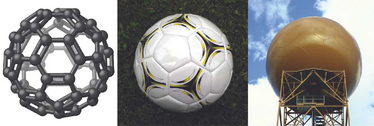 Se muestran tres figuras. La figura de la izquierda es una bola esférica de muchos lados compuesta por anillos hexagonales que tienen átomos de carbono en cada esquina. La imagen central muestra un balón de fútbol. La imagen de la derecha muestra una torre de agua con lados en forma de anillos hexagonales.