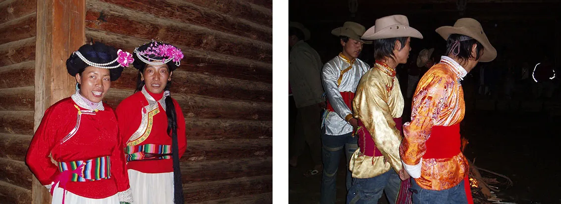 Left: Two young woman of the Mosuo ethnic group of China, wearing their traditional dress; Right: A group of young men from the Mosuo ethnic group of China, wearing their traditional dress.