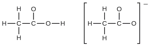 Se muestran dos estructuras de Lewis con una flecha de doble punta entre ellas. La estructura de la izquierda indica un átomo de carbono con enlace simple a tres átomos de hidrógeno y a un segundo átomo de carbono. El segundo carbono está unido con enlace simple a dos átomos de oxígeno. Uno de los átomos de oxígeno está unido con enlace simple a un átomo de hidrógeno. La estructura de la derecha, rodeada de corchetes y con un signo negativo en superíndice, representa un átomo de carbono unido con enlace simple a tres átomos de hidrógeno y a un segundo átomo de carbono. El segundo átomo de carbono está unido con enlace simple a dos átomos de oxígeno.