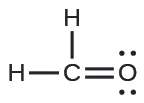Una estructura de Lewis muestra un átomo de carbono con enlace simple con dos átomos de hidrógeno y con doble enlace con un átomo de oxígeno. El átomo de oxígeno tiene dos pares solitarios de electrones.