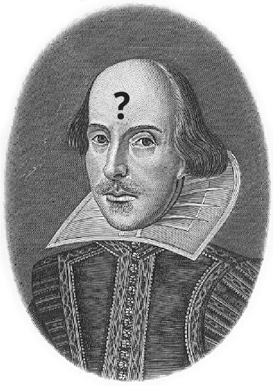 An engraving shows a circular portrait of William Shakespeare, with a question mark on the forehead.