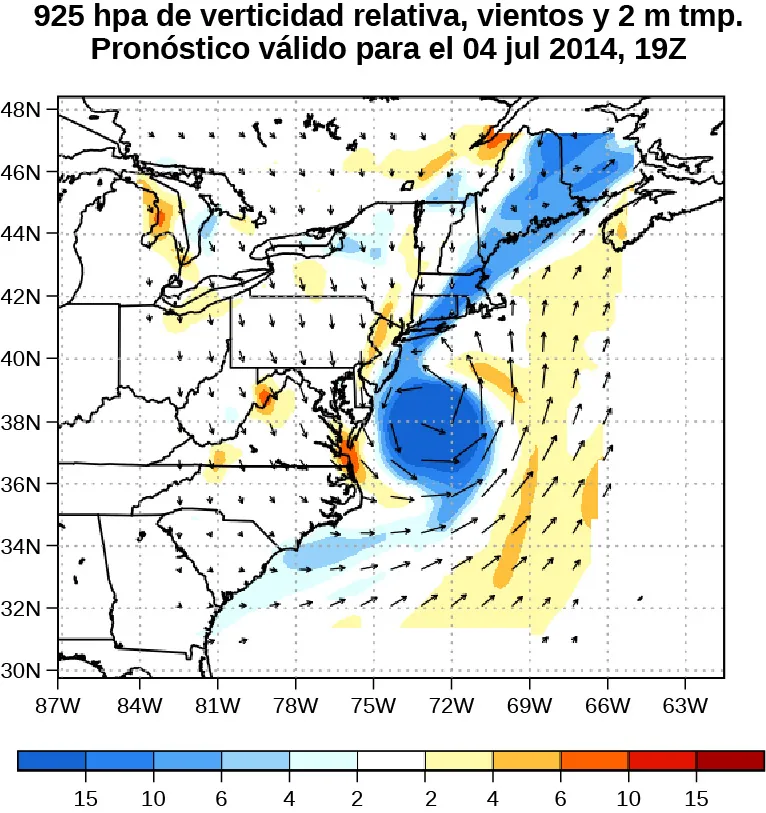 La figura es un mapa de presión del huracán Arthur recorriendo la costa este. El centro de baja presión se indica con el punto azul. La velocidad del viento es mayor cerca del centro de baja presión y los vientos se mueven en sentido contrario a las agujas del reloj a su alrededor.