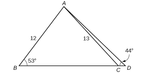 Un triángulo dentro de un triángulo. El triángulo exterior está formado por los vértices A, B y D. El lado B D es la base. El triángulo interior comparte los vértices A y B. El último vértice C está situado en el lado de la base del triángulo exterior entre los vértices B y D. El ángulo B es de 53 grados, el ángulo D es de 44 grados, el lado A B es 12 y el lado A C es 13.