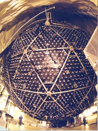 Photograph of the Sudbury Neutrino Detector. The 12-meter diameter sphere is shown with the interconnected triangular support structures, as well as the matrix of photodetectors covering its surface.