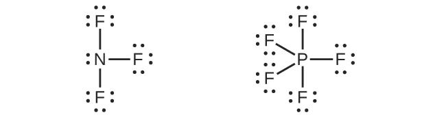 Se muestran dos estructuras de Lewis. La estructura de la izquierda muestra un átomo de nitrógeno con un par solitario de electrones unido con enlace simple a tres átomos de flúor, cada uno de los cuales tiene tres pares solitarios de electrones. La estructura de la derecha muestra un átomo de fósforo unido con enlace simple a cinco átomos de flúor, cada uno de los cuales tiene tres pares solitarios de electrones.